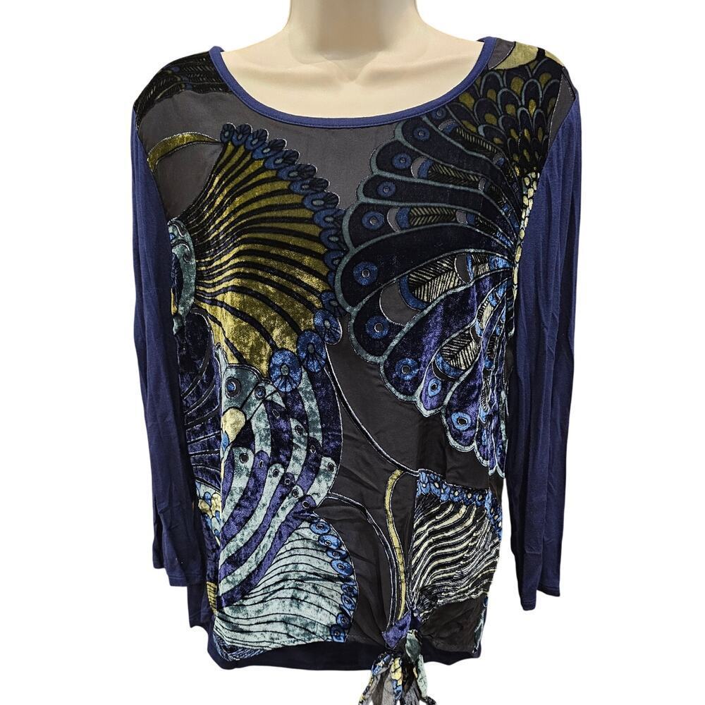 Chico's Women's Velvet Peacock Front Tie Top 1 (M) Navy Blue colorful career